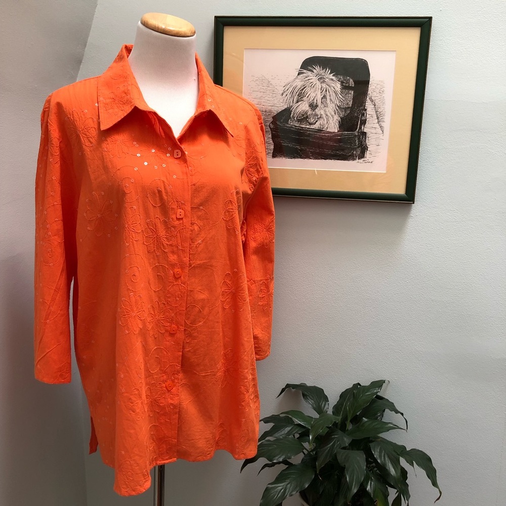 Susan Graver Orange Top with Sequins & Embroidery